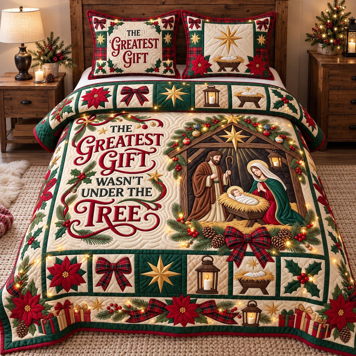 Greatest Gift Nativity quilted 3-piece bedding set on a made bed in a winter-styled bedroom