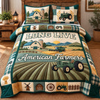 Green Fields Long Live American Farmers quilted 3-piece bedding set on a made bed in a warmly lit bedroom