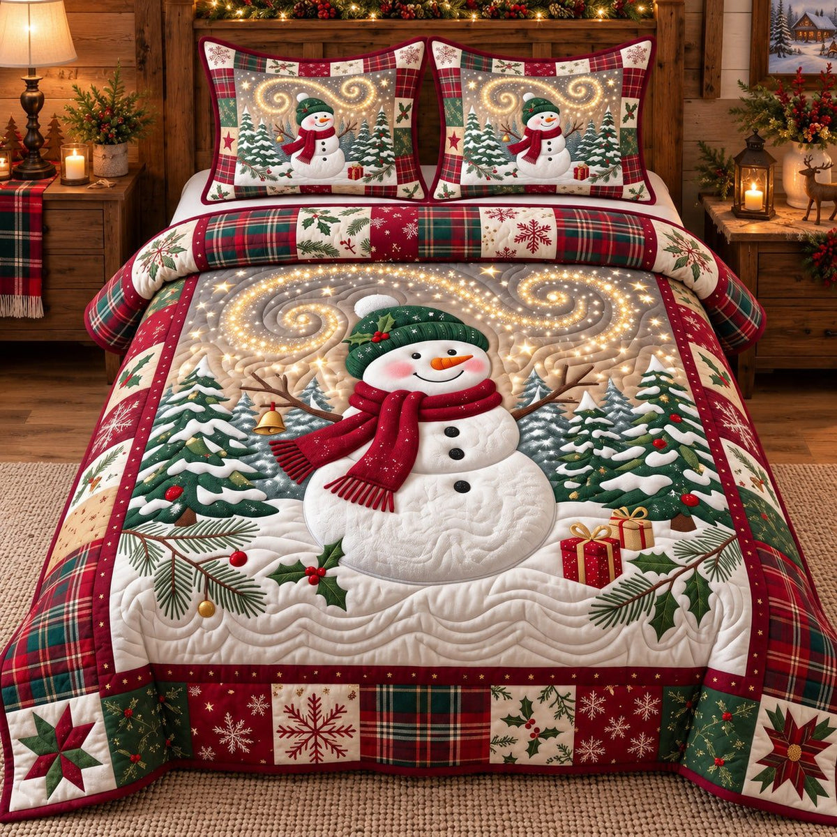 Green Hat Festive Snowman quilted 3-piece bedding set on a made bed in a winter-styled bedroom
