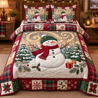 Green Hat Festive Snowman quilted 3-piece bedding set on a made bed in a winter-styled bedroom