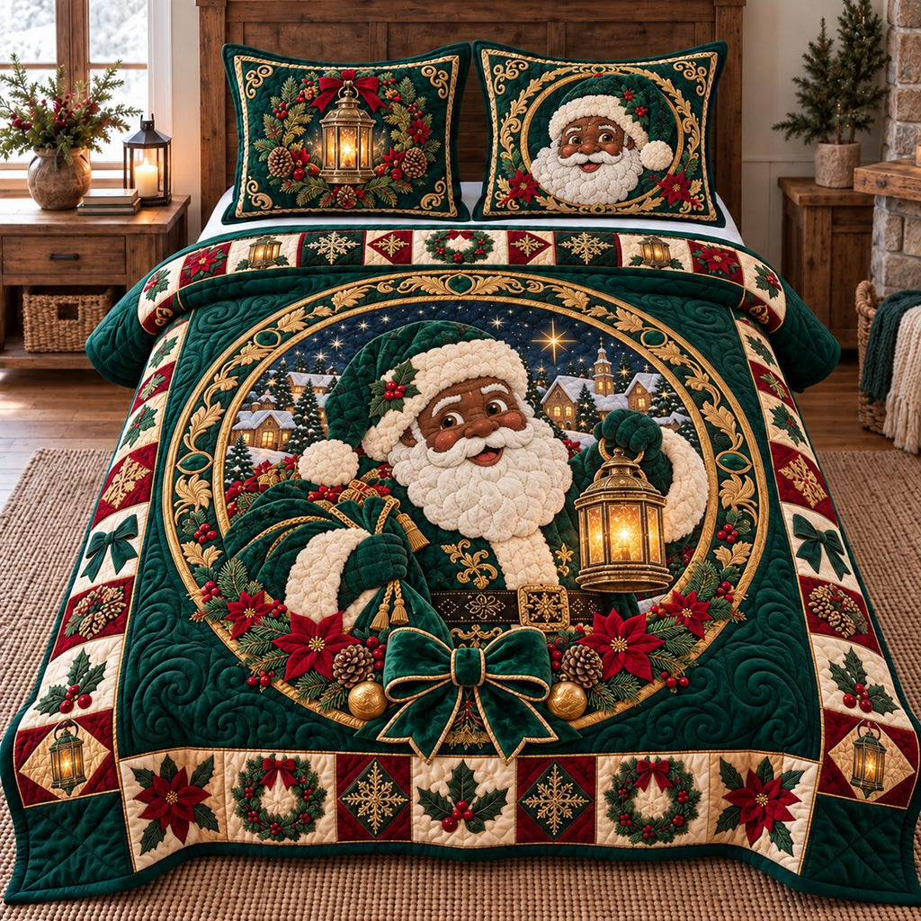 Green Lantern Santa quilted 3-piece bedding set on a made bed in a winter-styled bedroom