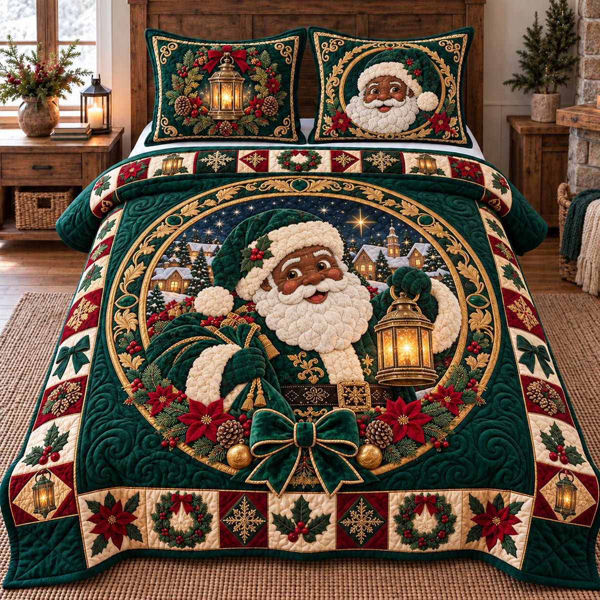 Green Lantern Santa quilted 3-piece bedding set on a made bed in a winter-styled bedroom
