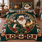 Green Lantern Santa quilted 3-piece bedding set on a made bed in a winter-styled bedroom