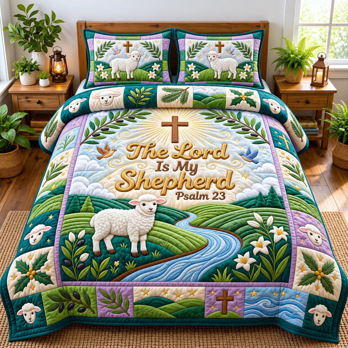 Green Pasture Lamb Lord Is My Shepherd quilted 3-piece bedding set on a made bed in a softly lit bedroom
