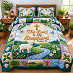 Green Pasture Lamb Lord Is My Shepherd quilted 3-piece bedding set on a made bed in a softly lit bedroom