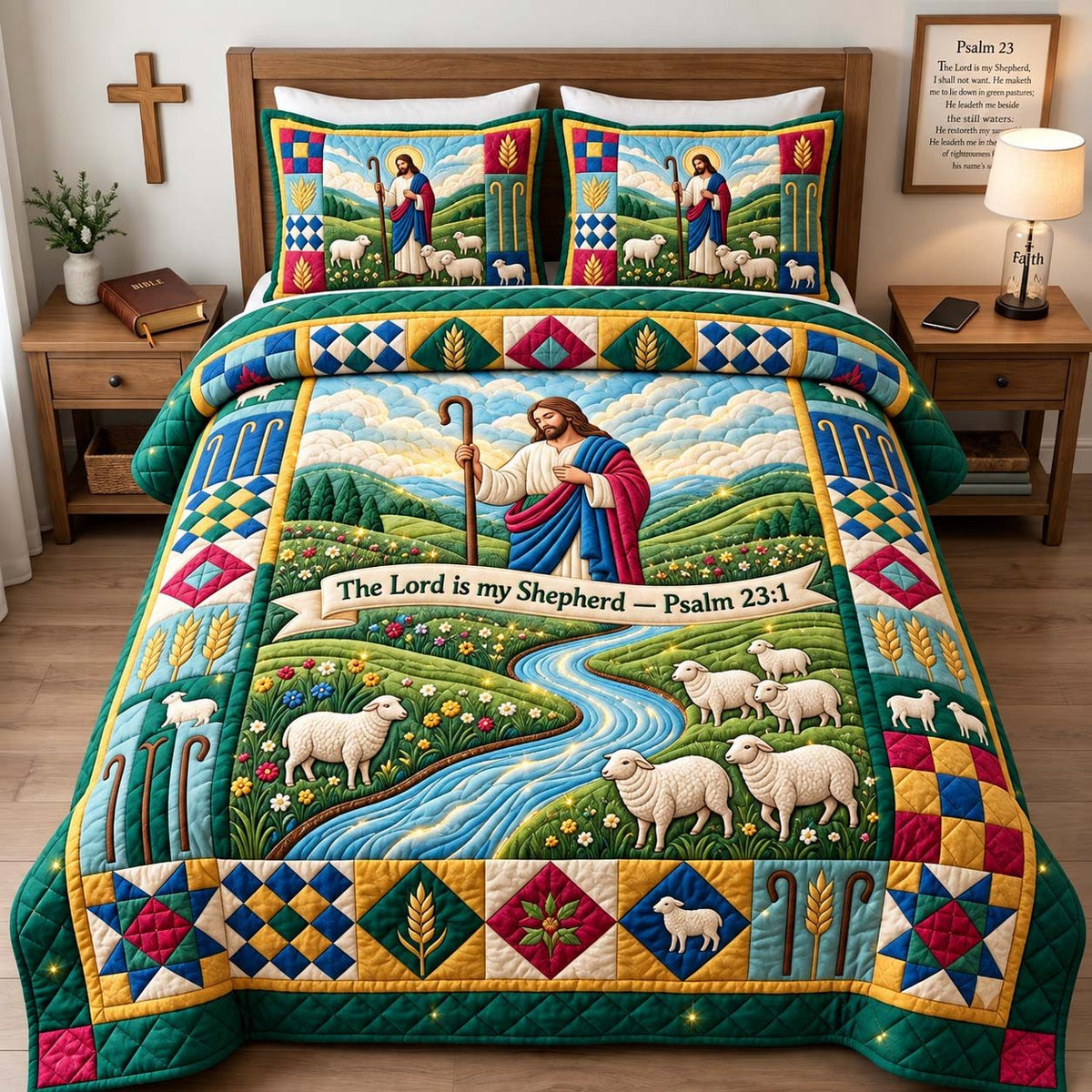 Green Pasture Lord Is My Shepherd Psalm quilted 3-piece bedding set on a made bed in a softly lit bedroom