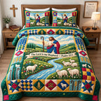 Green Pasture Lord Is My Shepherd Psalm quilted 3-piece bedding set on a made bed in a softly lit bedroom