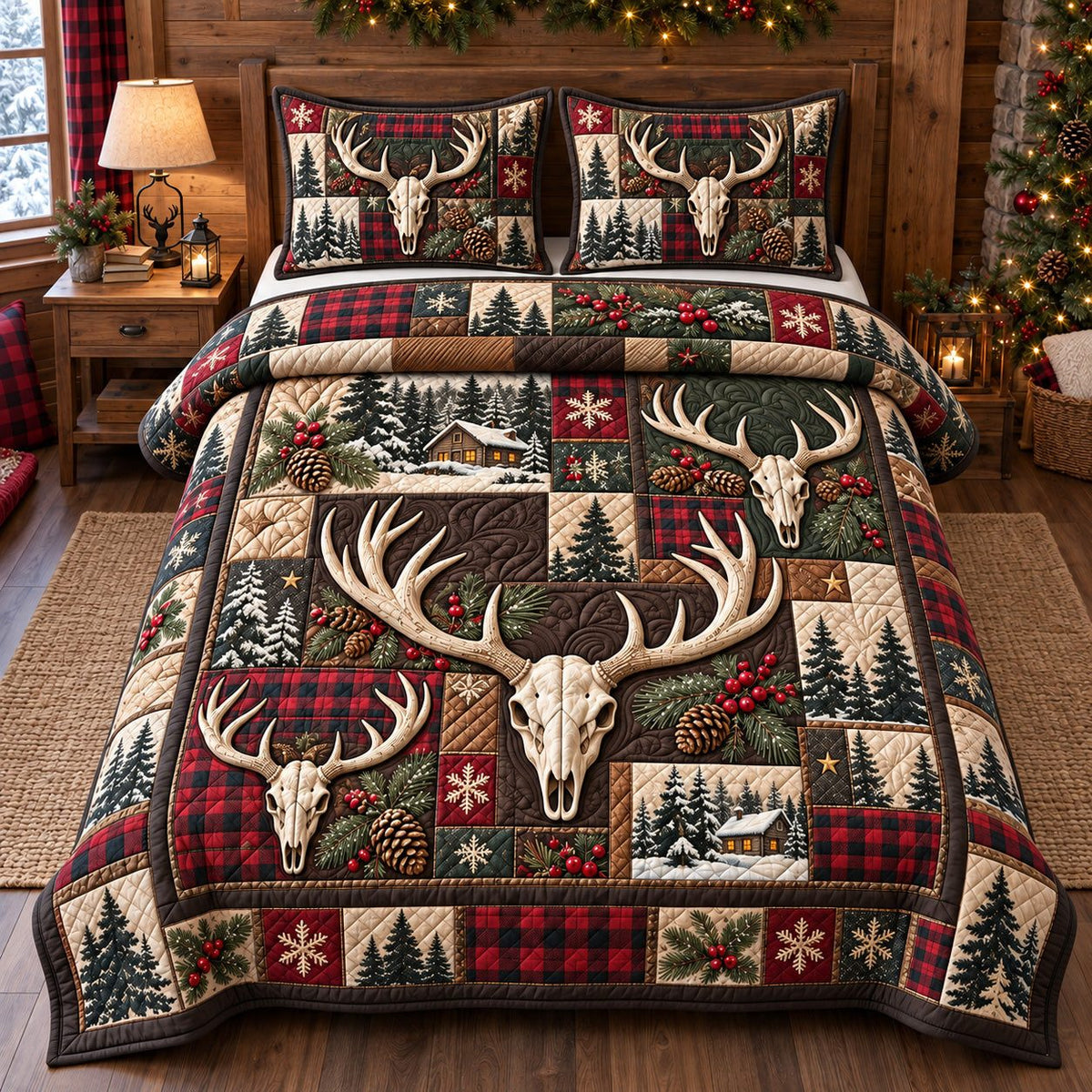 Green Plaid Antler Skull quilted 3-piece bedding set on a made bed against a dark styled interior