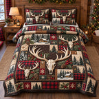 Green Plaid Antler Skull quilted 3-piece bedding set on a made bed against a dark styled interior