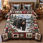 Green Plaid Forest Black Bear quilted 3-piece bedding set on a made bed in a farmhouse bedroom