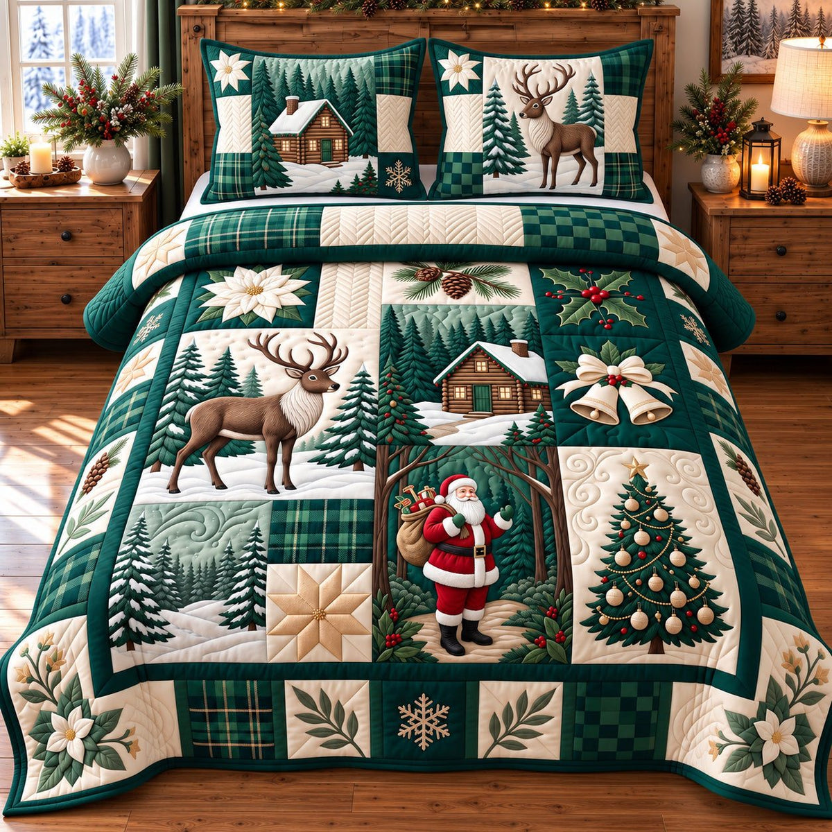 Green Reindeer Festive Patchwork quilted 3-piece bedding set on a made bed in a winter-styled bedroom