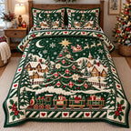 Green Tree Train Holiday Village quilted 3-piece bedding set on a made bed in a winter-styled bedroom