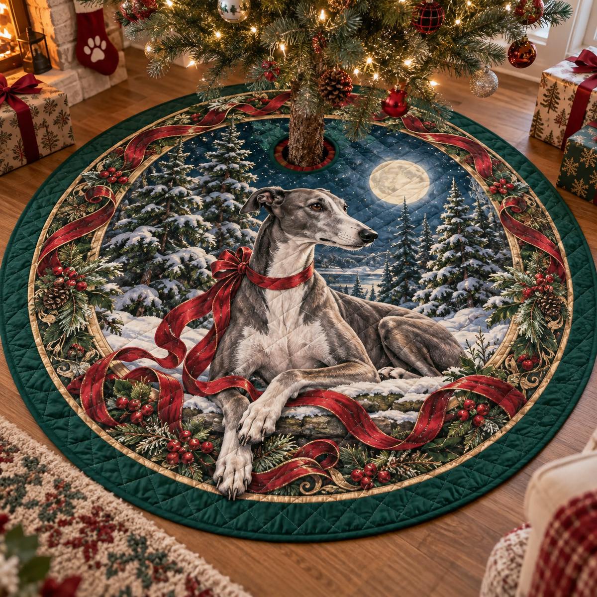 Greyhound Quilted Christmas Tree Skirt — digital product visualization