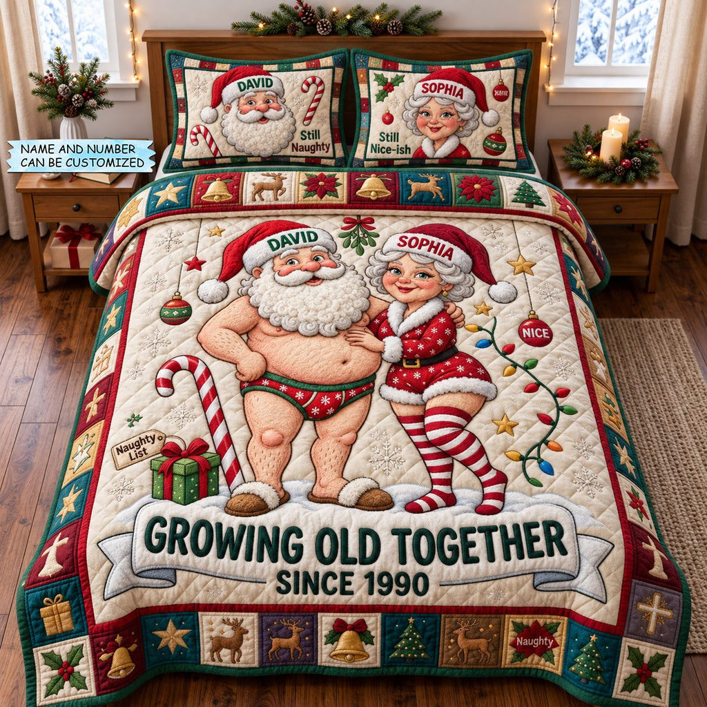 Growing Old 3-Piece Quilted Bedding Set QTCUZ quilted 3-piece bedding set on a made bed with two matching pillow shams