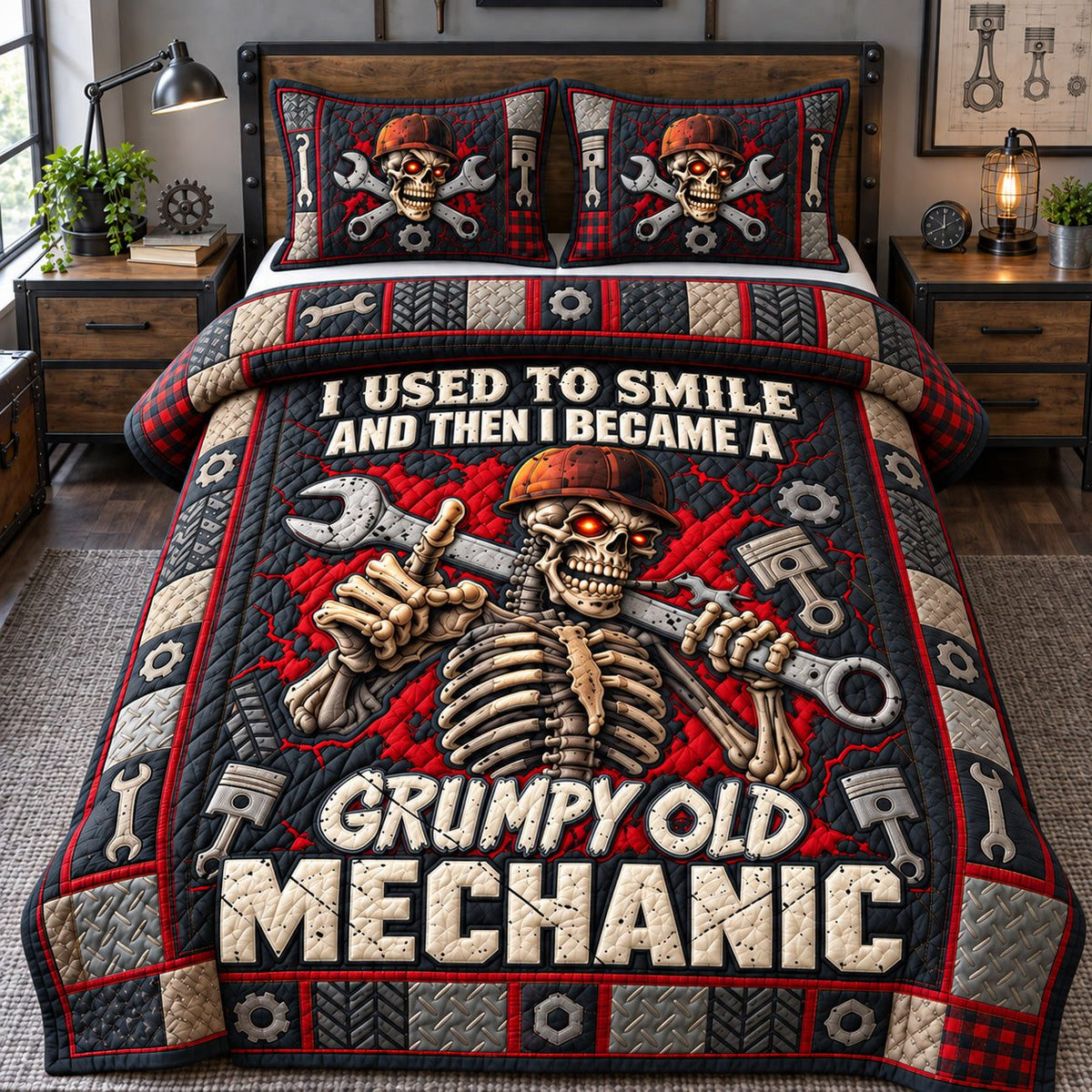 Grumpy Old Mechanic quilted 3-piece bedding set on a made bed with two matching pillow shams