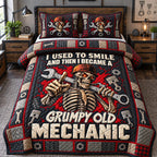 Grumpy Old Mechanic quilted 3-piece bedding set on a made bed with two matching pillow shams