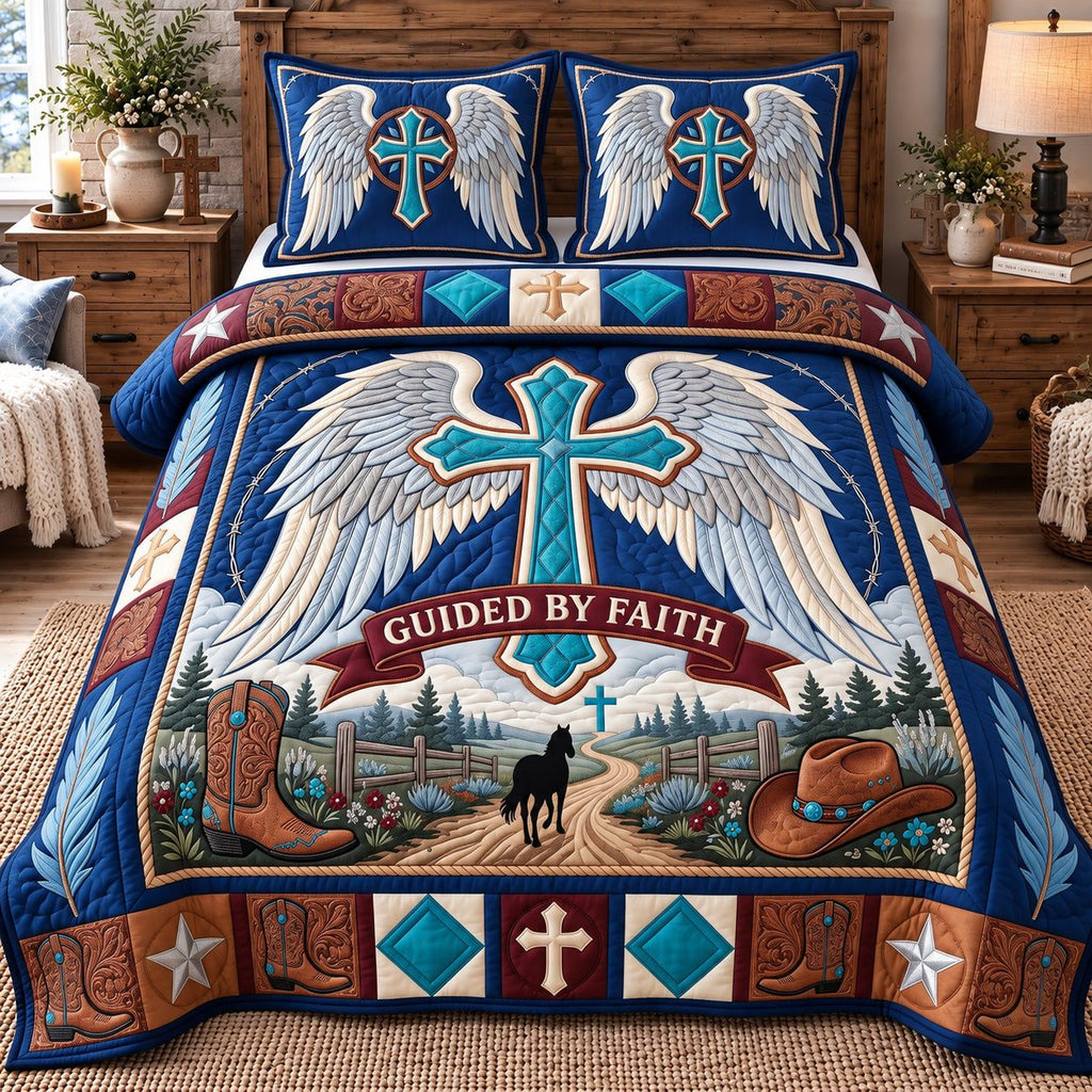 Guided By Faith quilted 3-piece bedding set on a made bed in a softly lit bedroom
