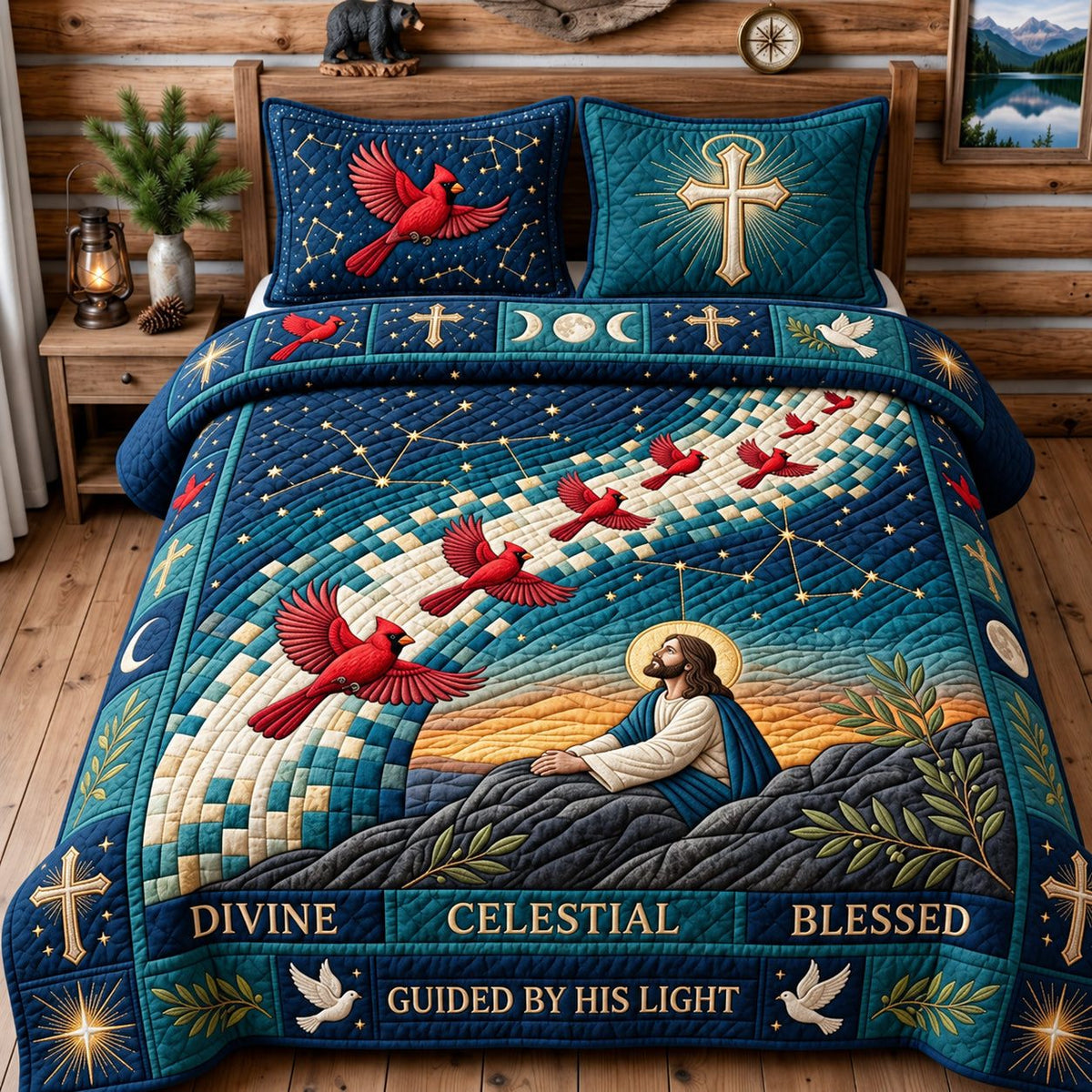Guided By His Light quilted 3-piece bedding set on a made bed with two matching pillow shams
