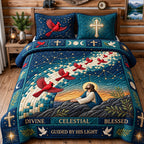 Guided By His Light quilted 3-piece bedding set on a made bed with two matching pillow shams