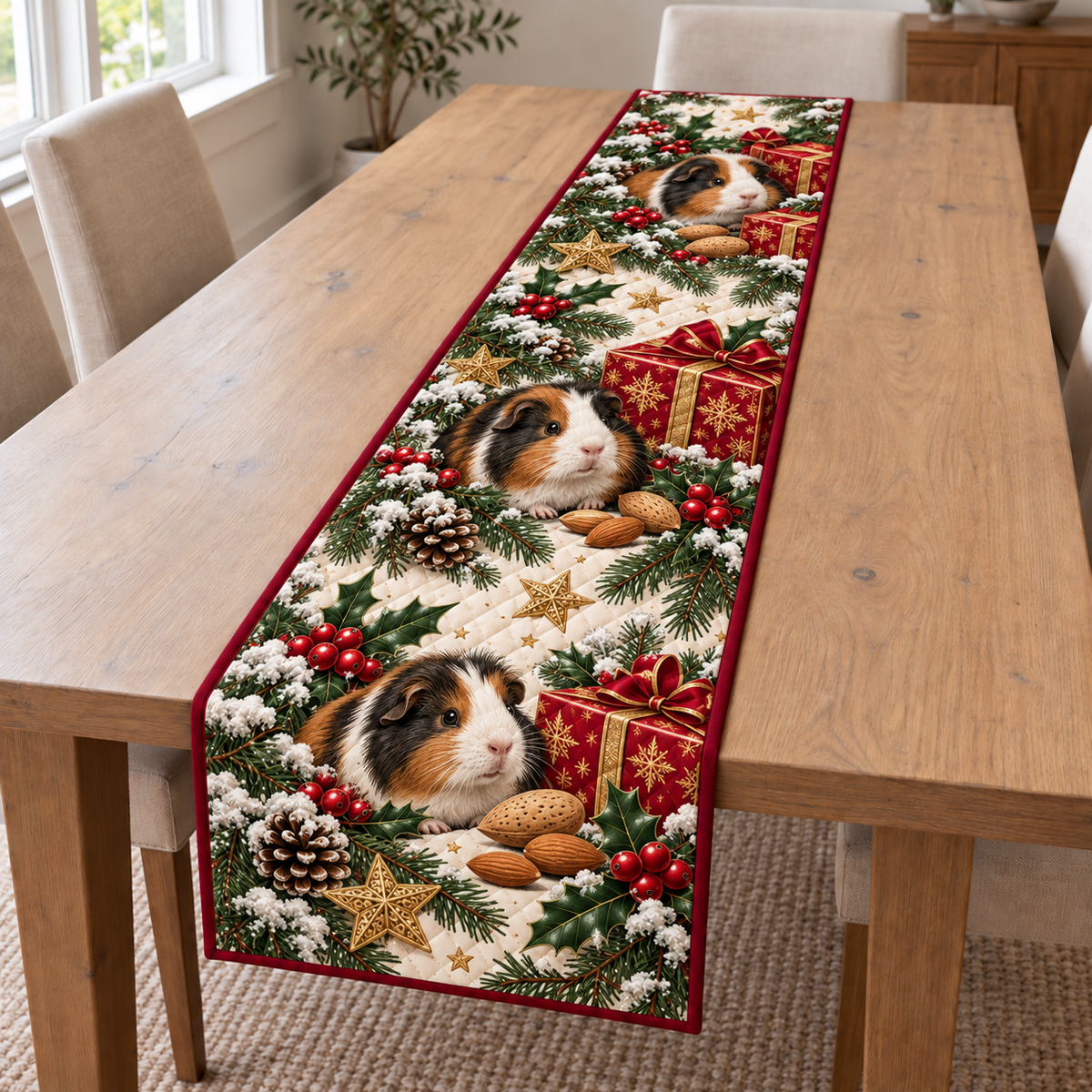 Guinea Pig Almond Star Gift printed Christmas quilted table runner; design mockup showing a flat printed depth effect.