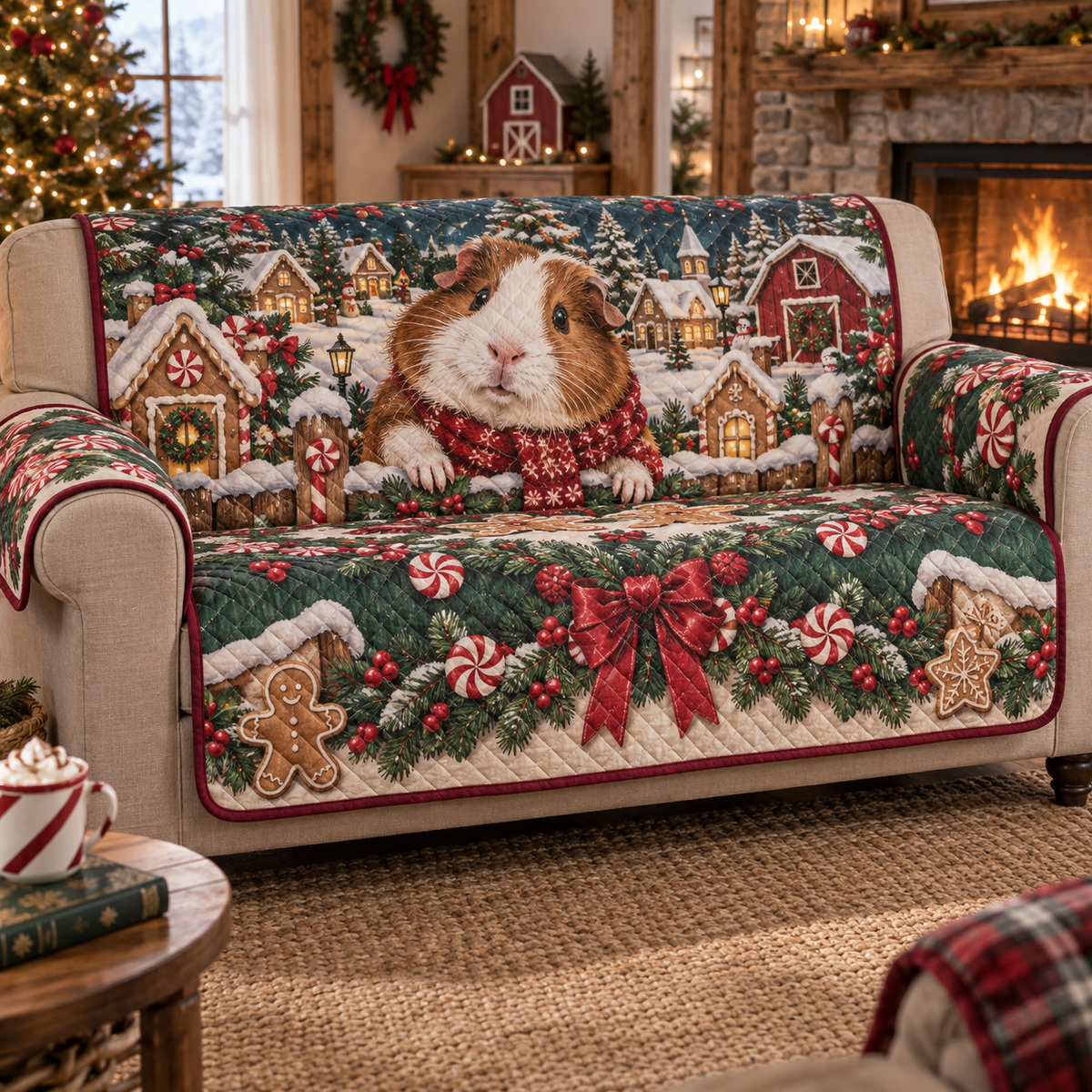 Guinea Pig Christmas Quilted Sofa Cover — digital product visualization