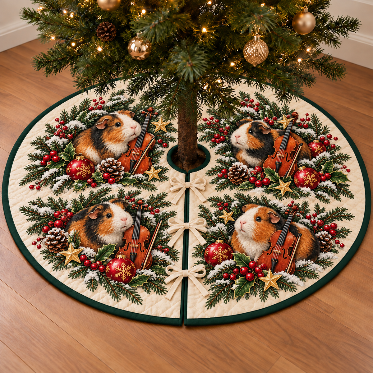 Guinea Pig Cranberry Toy Cello printed Christmas circular tree skirt; design mockup showing a flat printed depth effect.