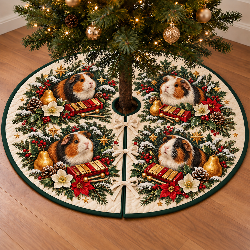 Guinea Pig Pear Toy Xylophone printed Christmas circular tree skirt; design mockup showing a flat printed depth effect.