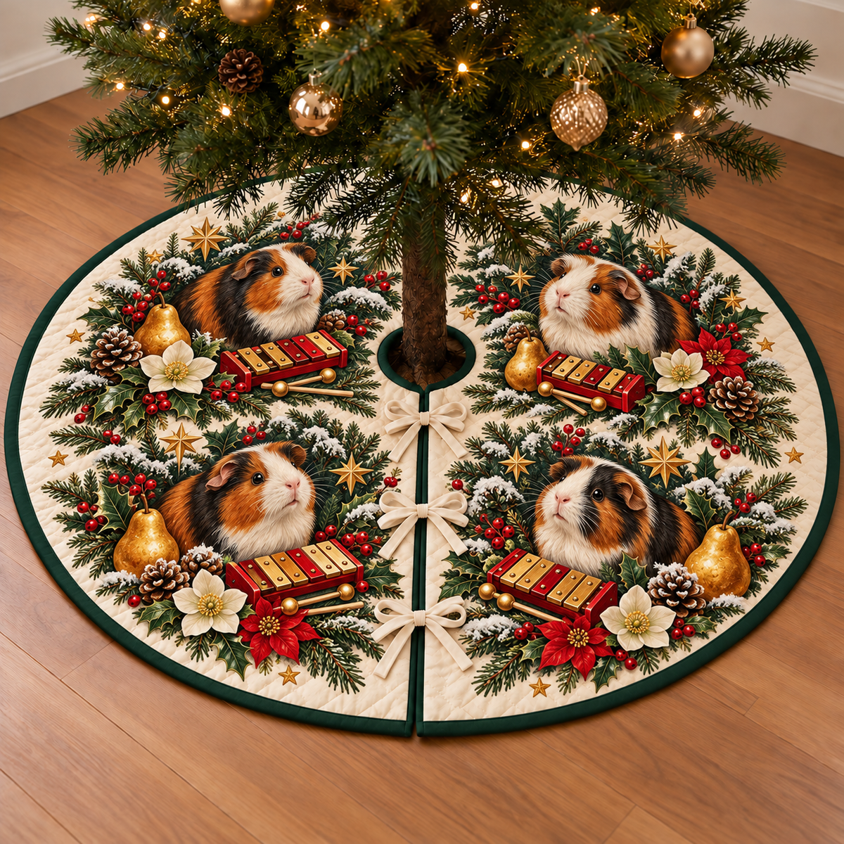 Guinea Pig Pear Toy Xylophone printed Christmas circular tree skirt; design mockup showing a flat printed depth effect.
