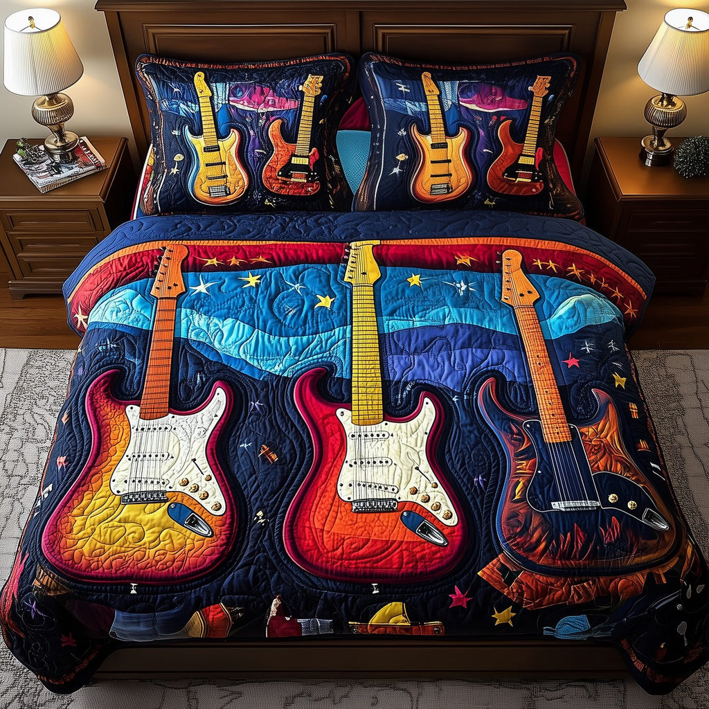 Guitar Trio Navy Vivid quilted 3-piece bedding set on a made bed in a warmly lit bedroom