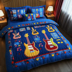 Guitars Blue Trio quilted 3-piece bedding set on a made bed with two matching pillow shams
