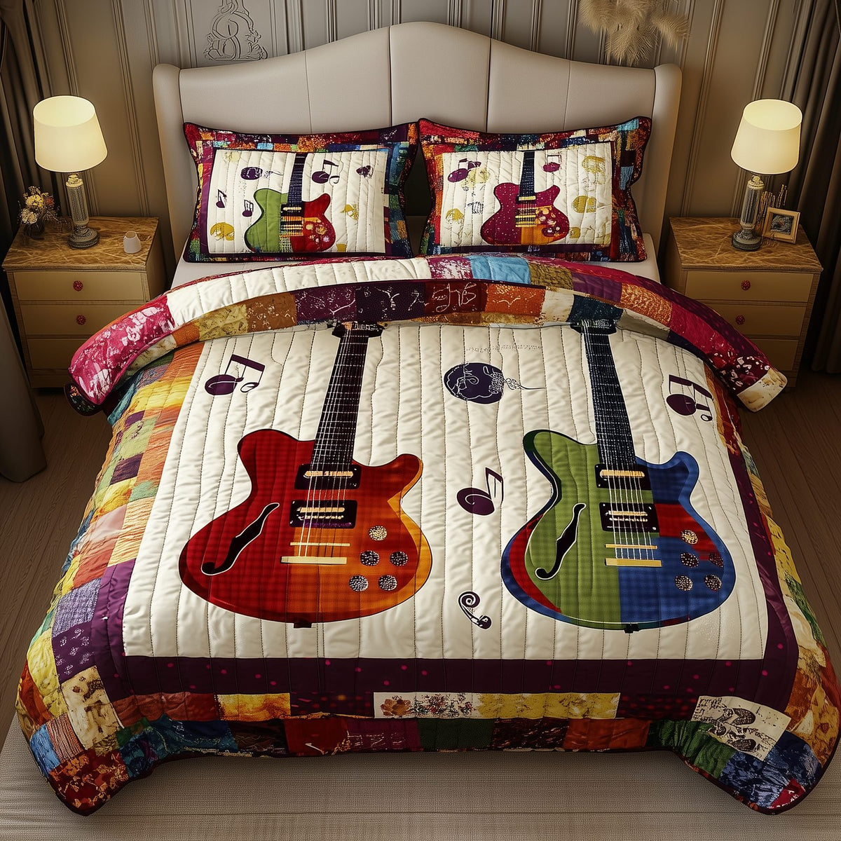 Guitars Cream Bright quilted 3-piece bedding set on a made bed with two matching pillow shams