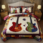 Guitars Cream Bright quilted 3-piece bedding set on a made bed with two matching pillow shams