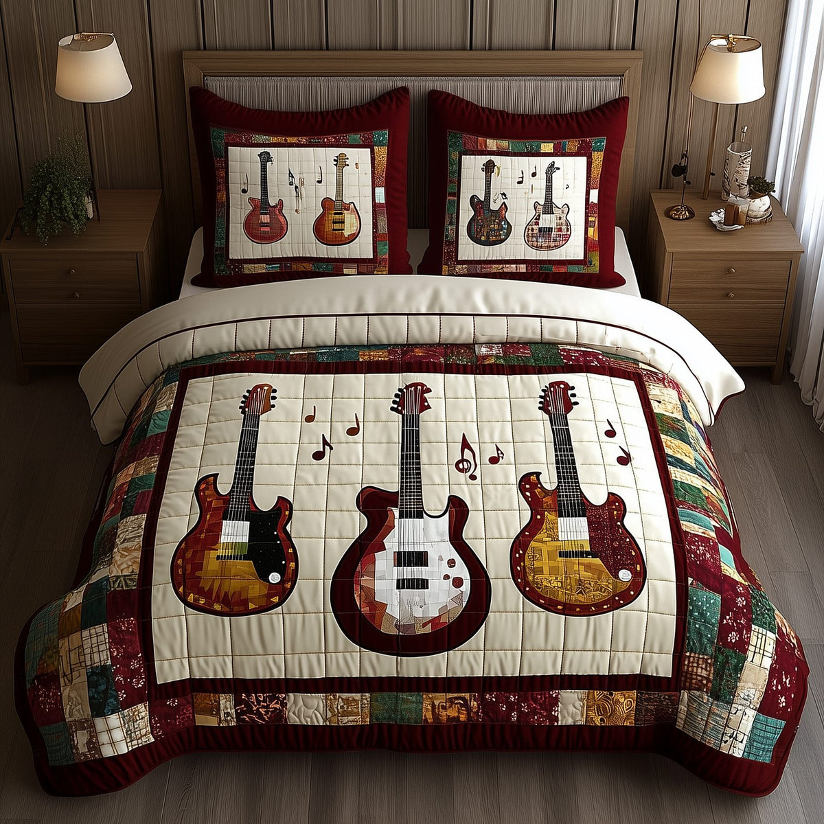 Guitars Cream Frame quilted 3-piece bedding set on a made bed with two matching pillow shams