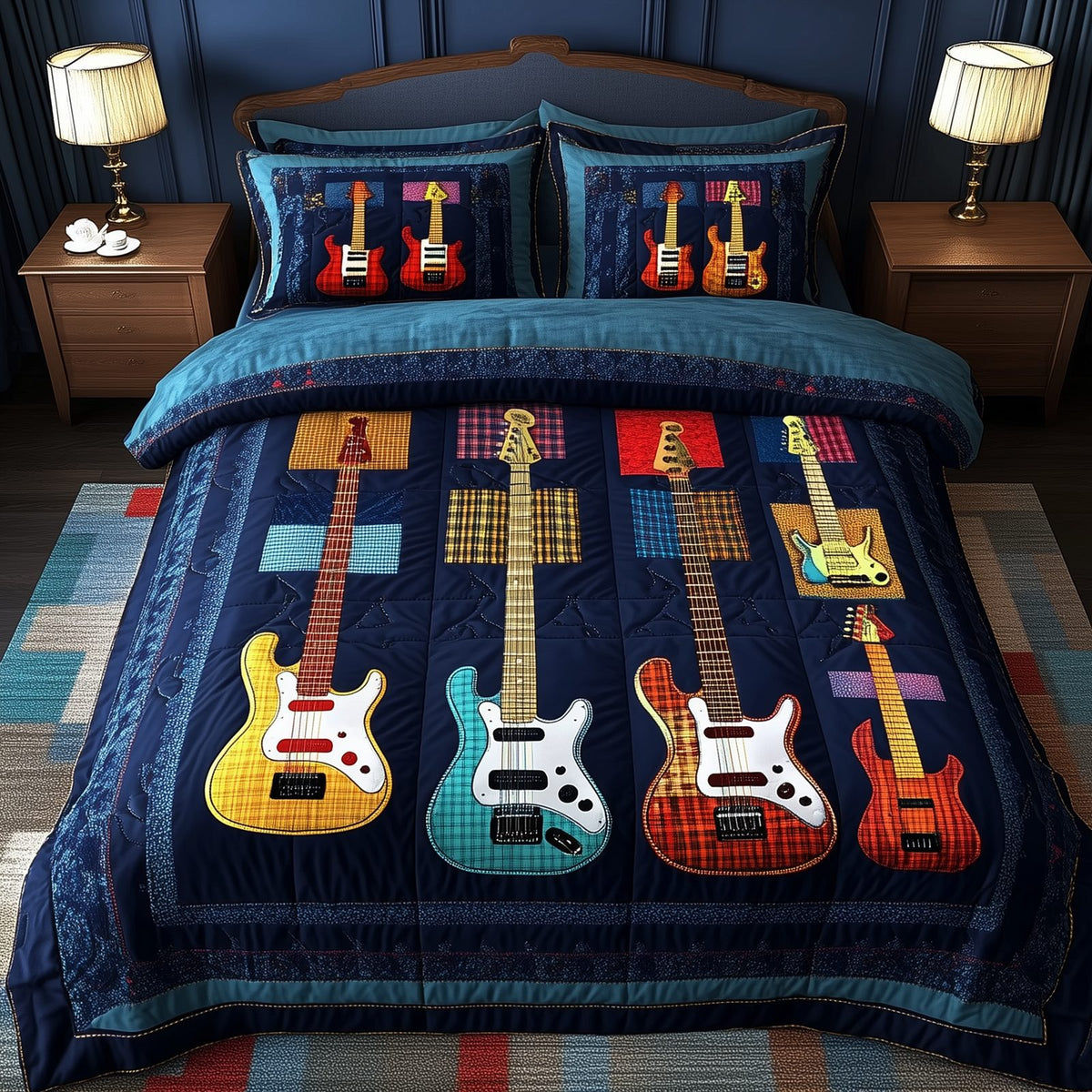 Guitars Denim Trio quilted 3-piece bedding set on a made bed with two matching pillow shams