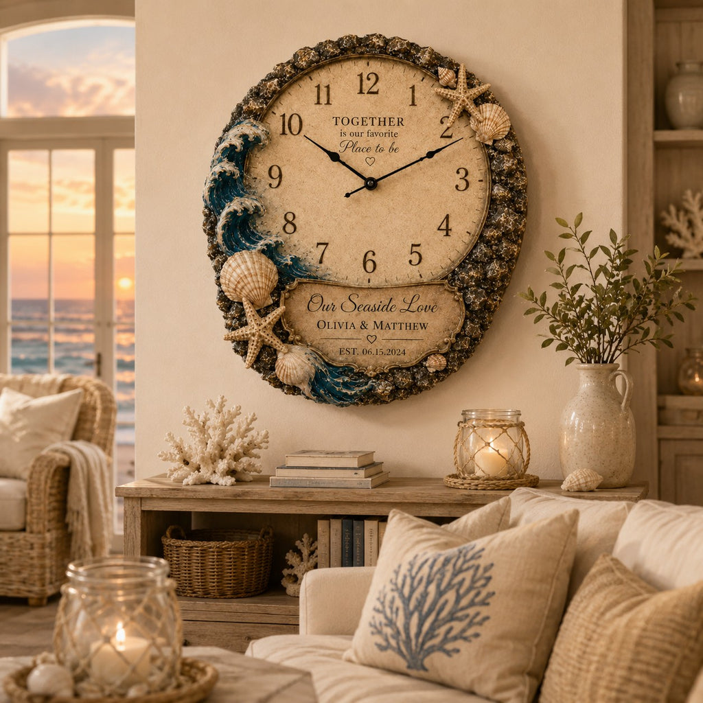 Personalized Coastal Wedding Custom Name Wall Clock — personalized with a custom name