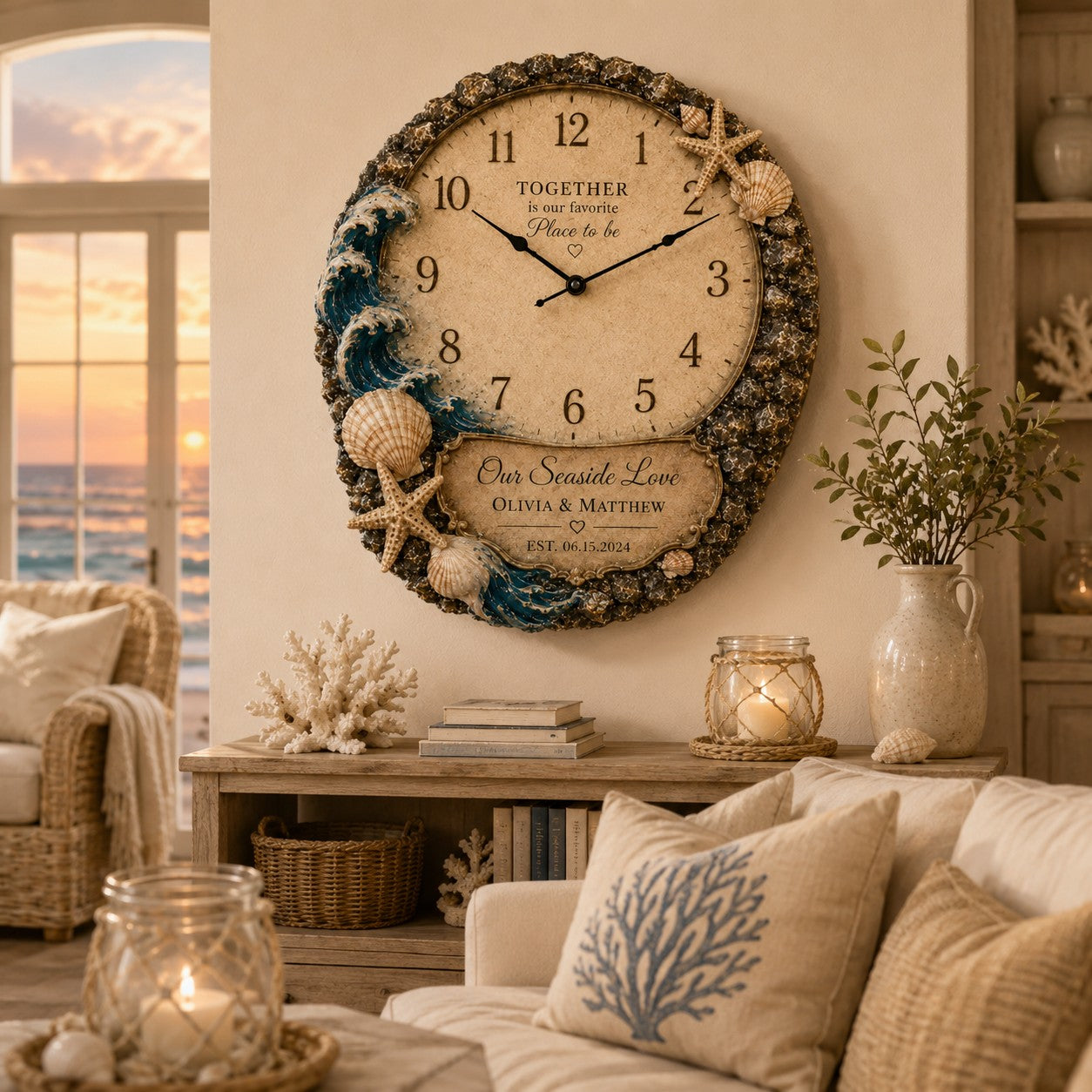 Personalized Coastal Wedding Custom Name Wall Clock — personalized with a custom name