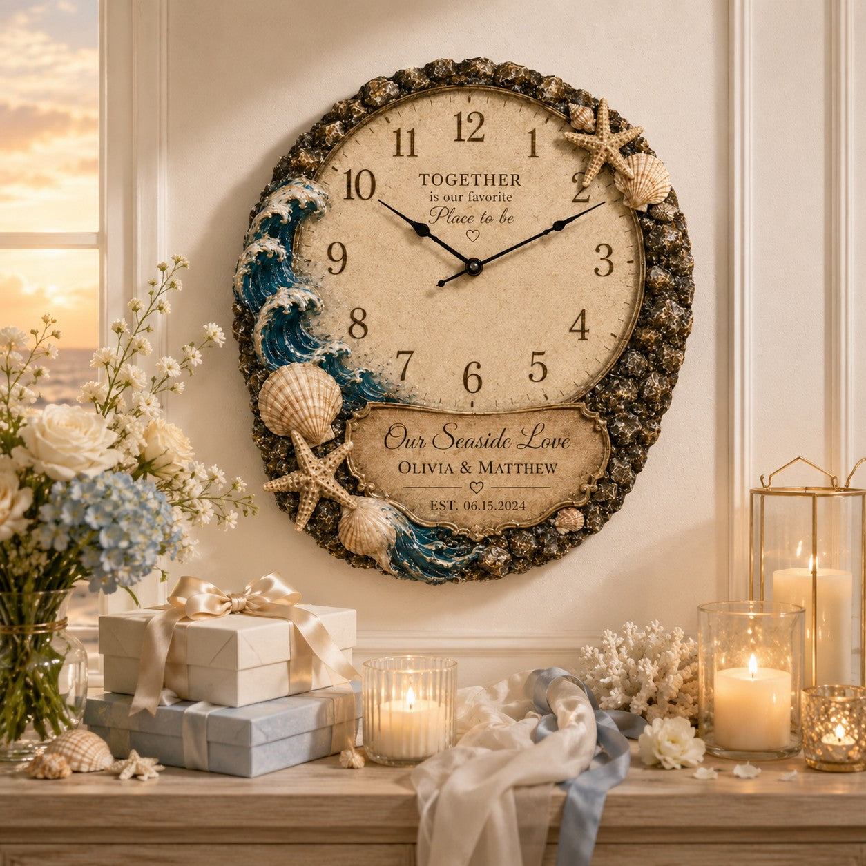 Personalized Coastal Wedding Custom Name Wall Clock — personalized with a custom name