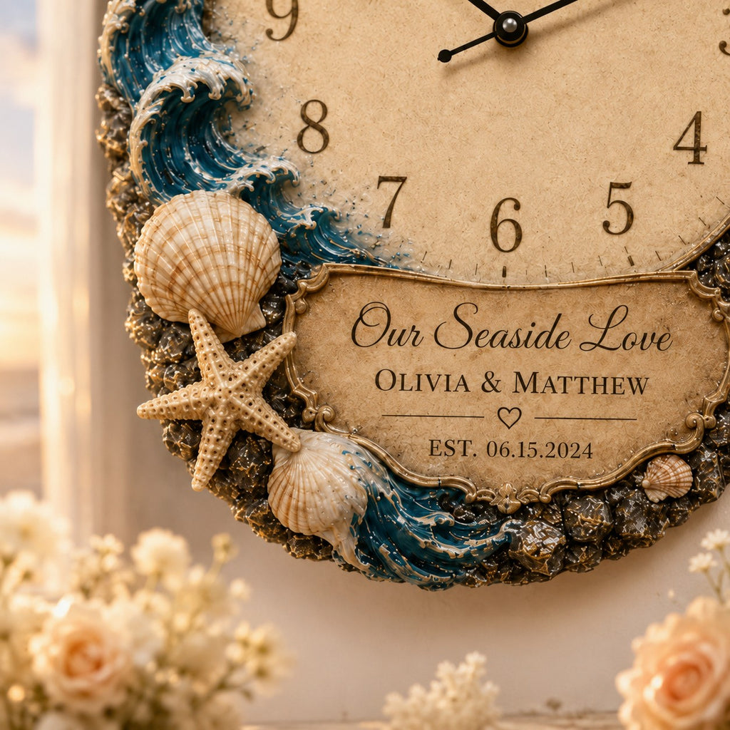 Personalized Coastal Wedding Custom Name Wall Clock — personalized with a custom name