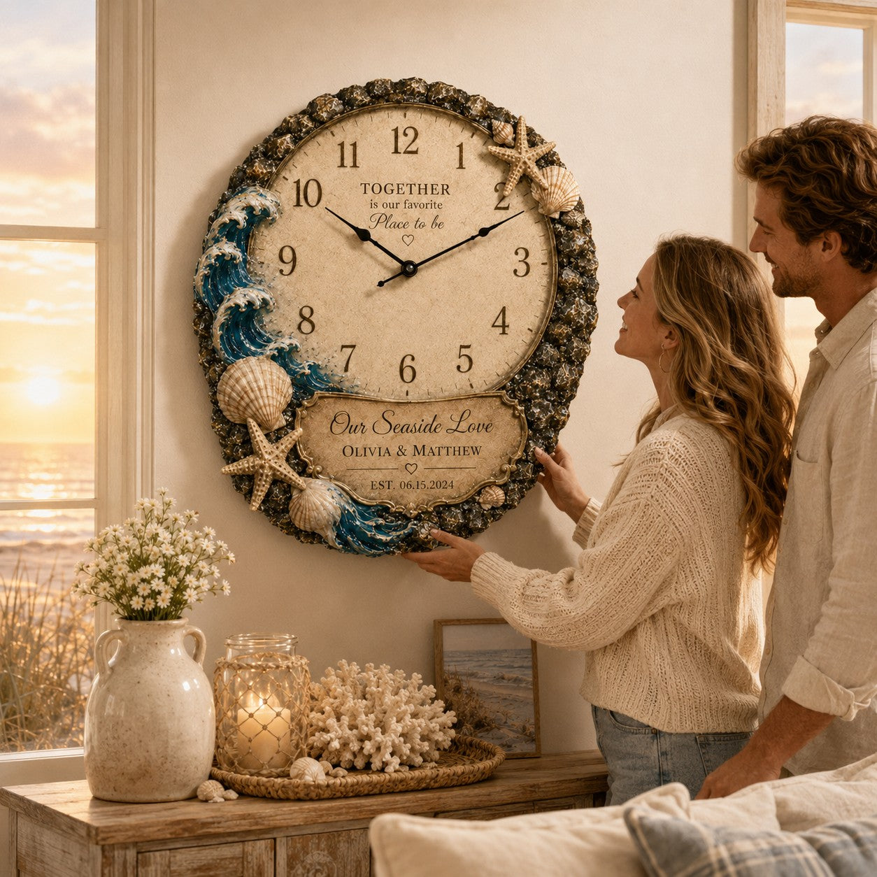 Personalized Coastal Wedding Custom Name Wall Clock — personalized with a custom name