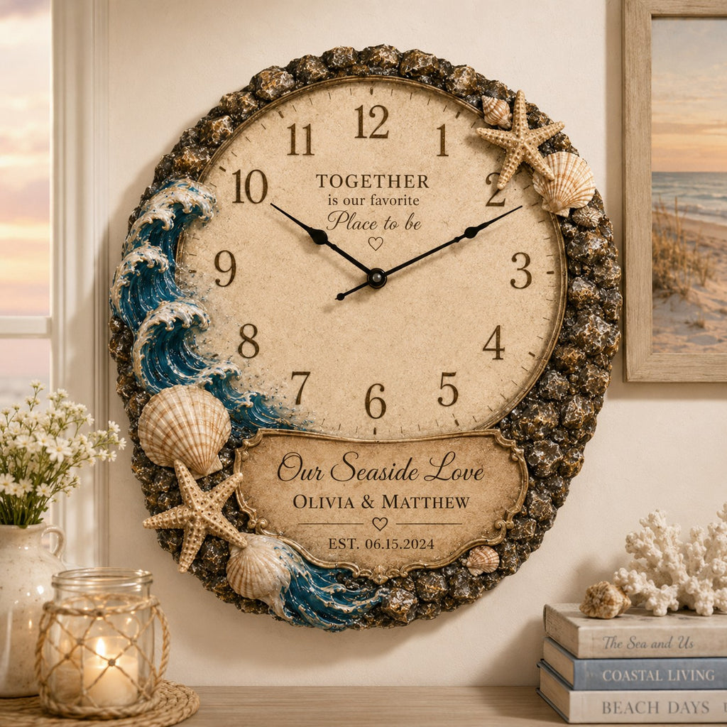 Personalized Coastal Wedding Custom Name Wall Clock — personalized with a custom name