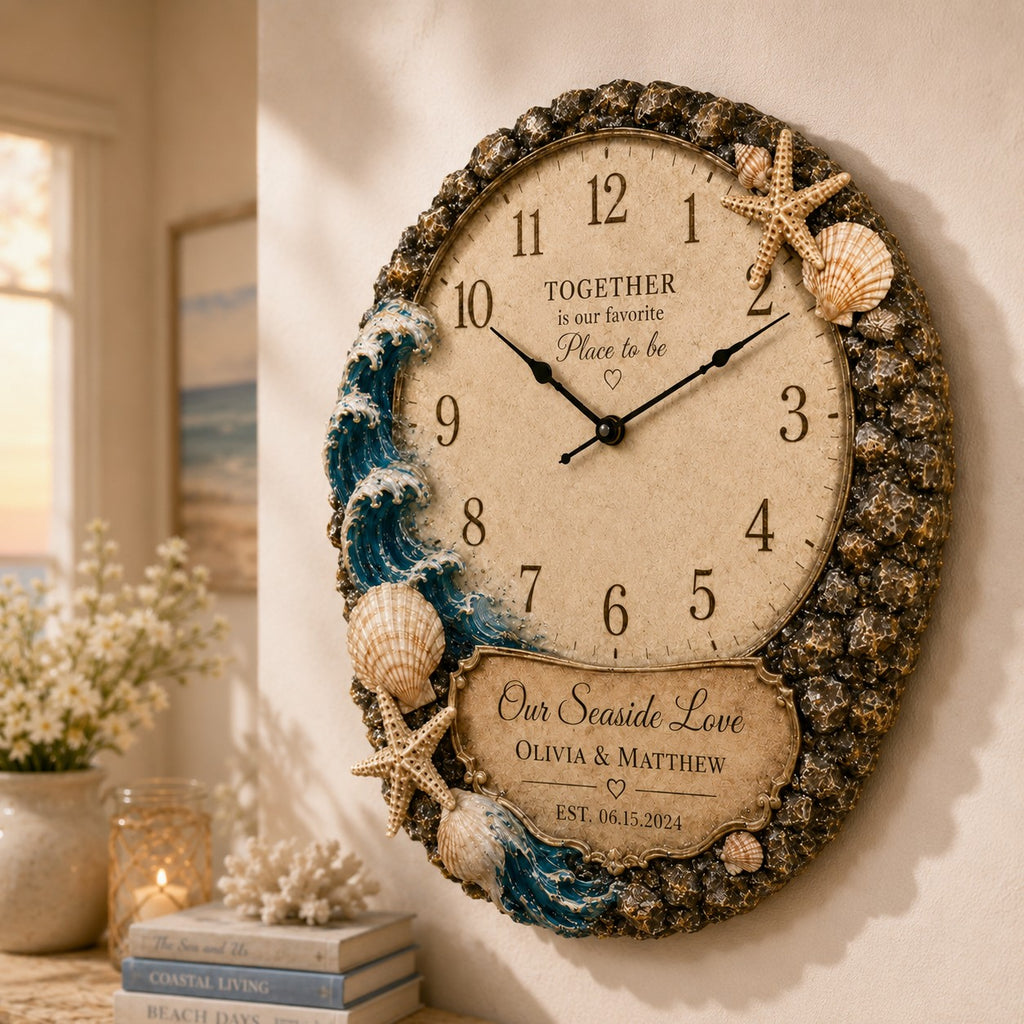 Personalized Coastal Wedding Custom Name Wall Clock — personalized with a custom name