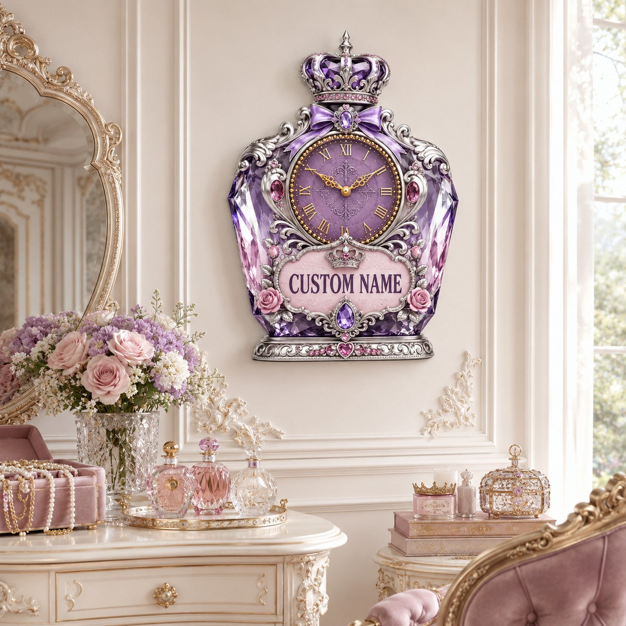 Princess perfume bottle Custom Name Wall Clock — personalized with a custom name