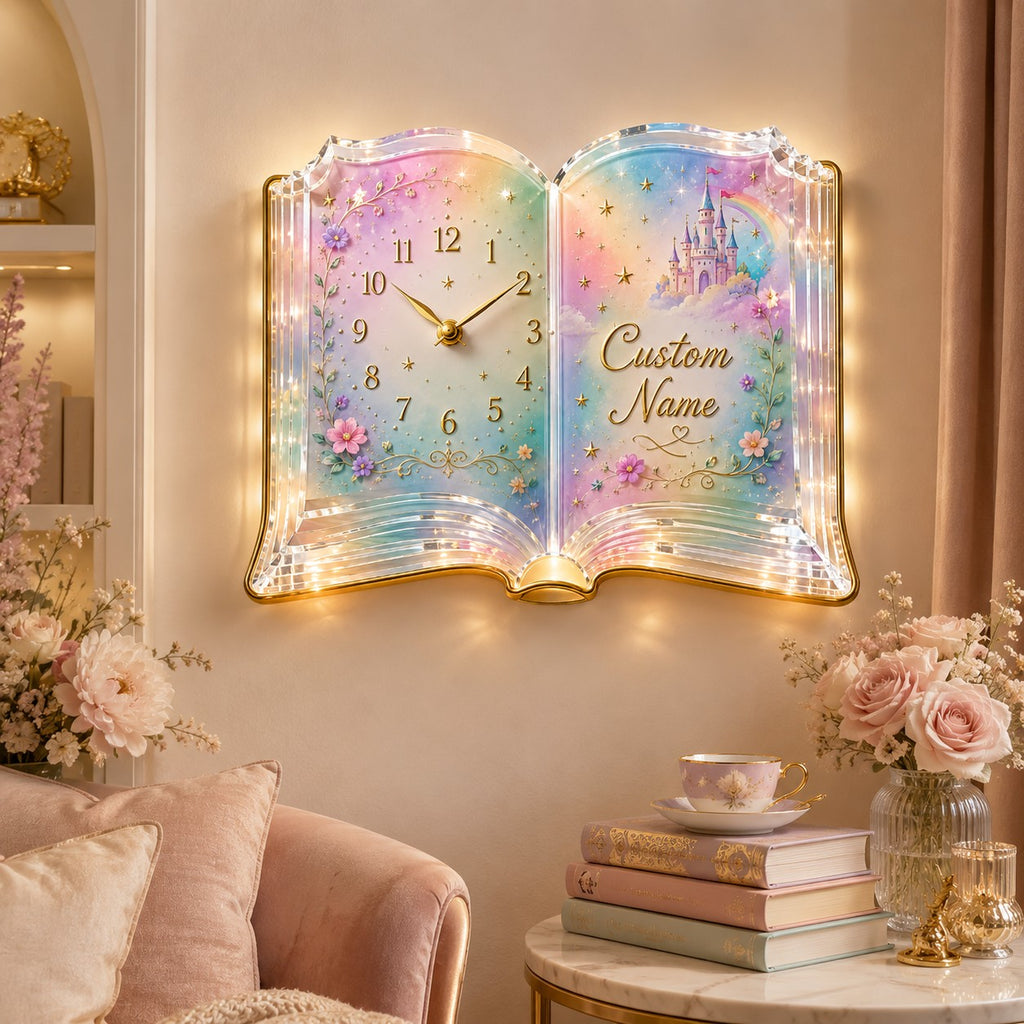 Fairytale book Custom Name Wall Clock — personalized with a custom name