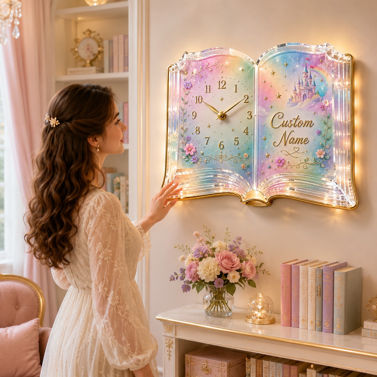 Fairytale book Custom Name Wall Clock — personalized with a custom name