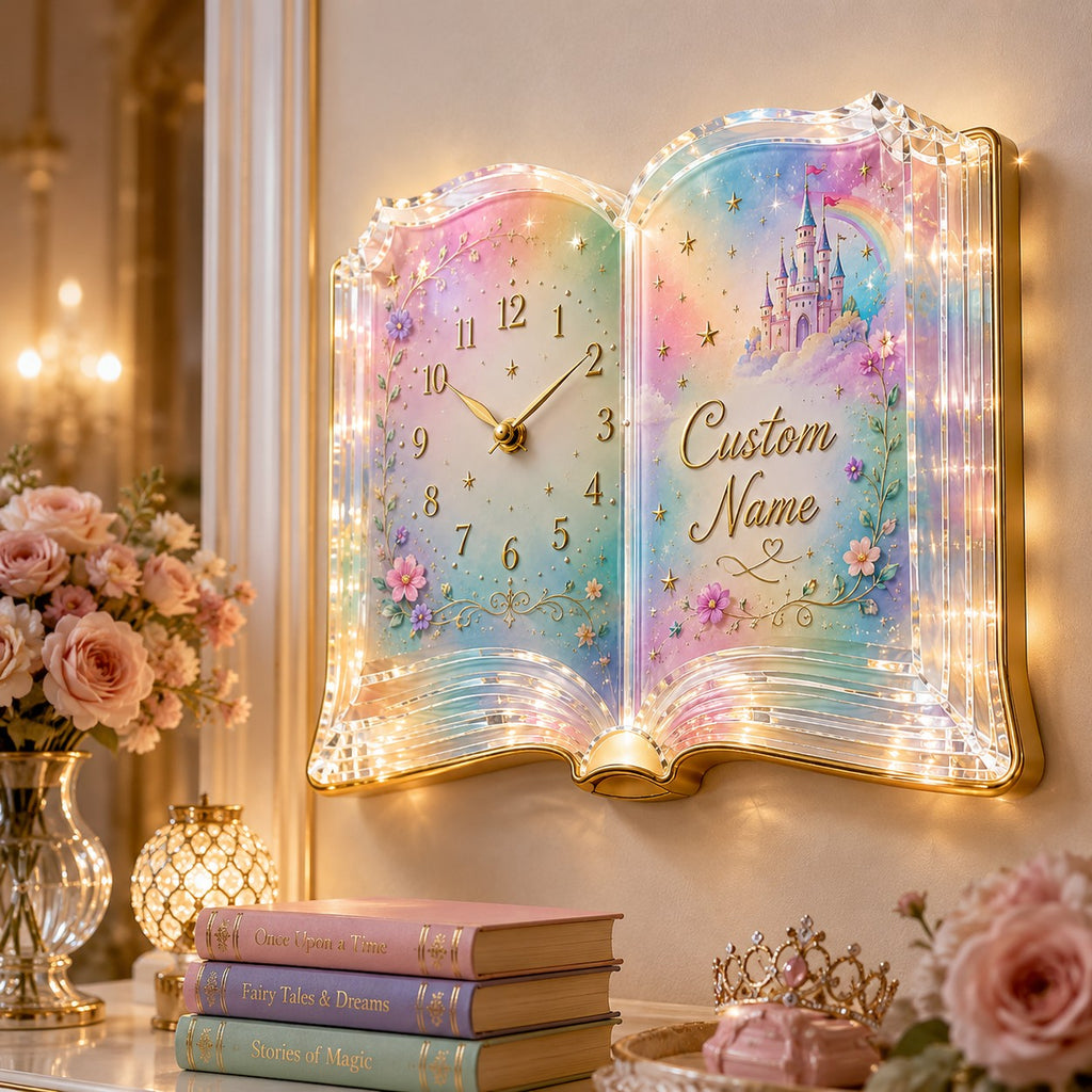Fairytale book Custom Name Wall Clock — personalized with a custom name