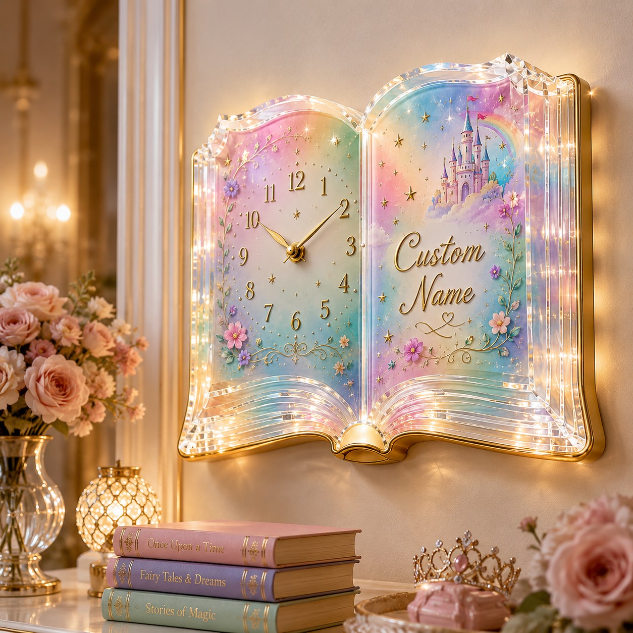 Fairytale book Custom Name Wall Clock — personalized with a custom name