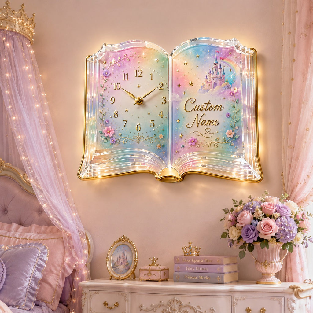 Fairytale book Custom Name Wall Clock — personalized with a custom name