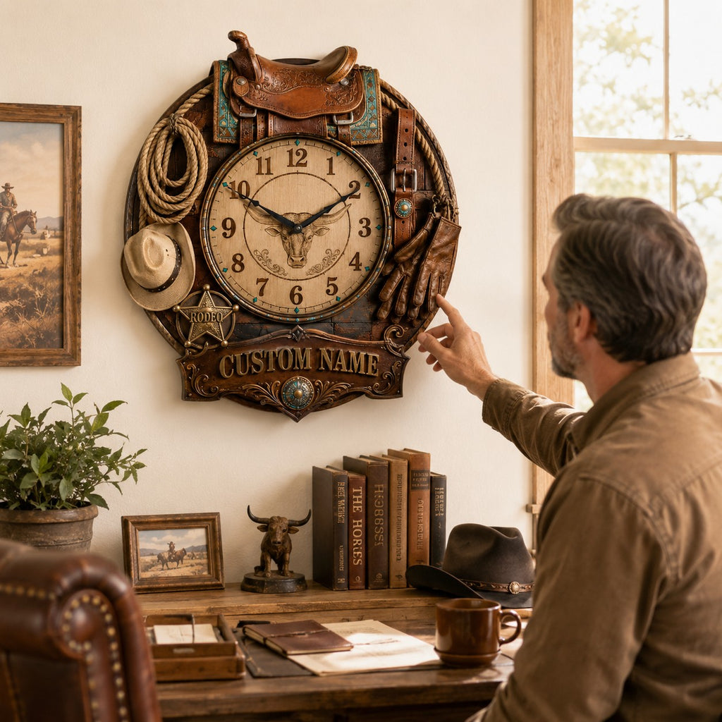 Western Cowboy Custom Name Wall Clock — personalized with a custom name