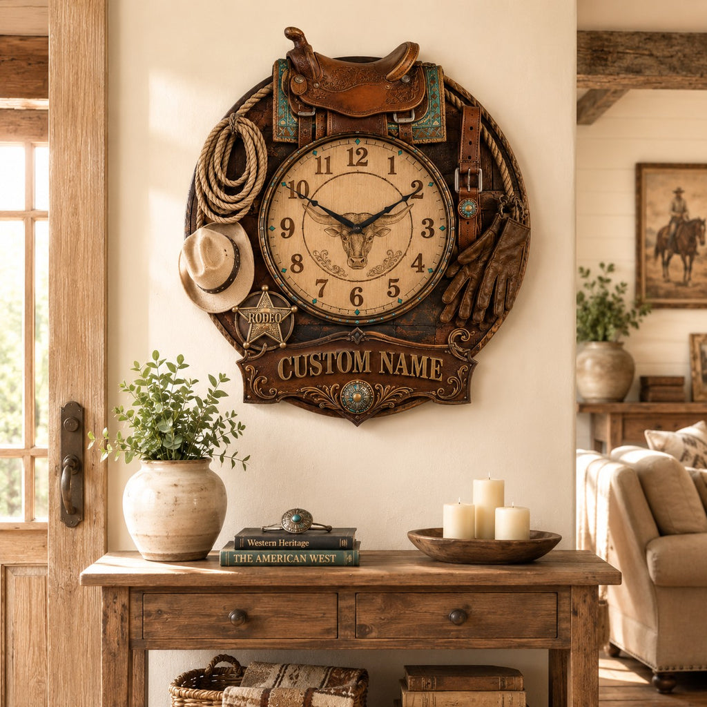 Western Cowboy Custom Name Wall Clock — personalized with a custom name