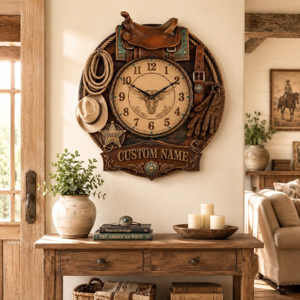 Western Cowboy Custom Name Wall Clock — personalized with a custom name